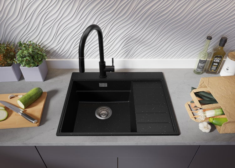 PRIMAGRAN Spülbecken Schwarz Metallic 62x50cm, Granitspüle 1 Becken + Ablauf-Set + Küchenzubehörset, Küchenspüle ab 45er Unterschrank - Sydney