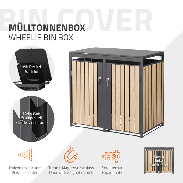Erweiterbare Mülltonnenbox für zwei Tonnen, pulverbeschichtetes Stahlgestell mit Lärchen-Dekor, Deckel und Magnetverschluss.