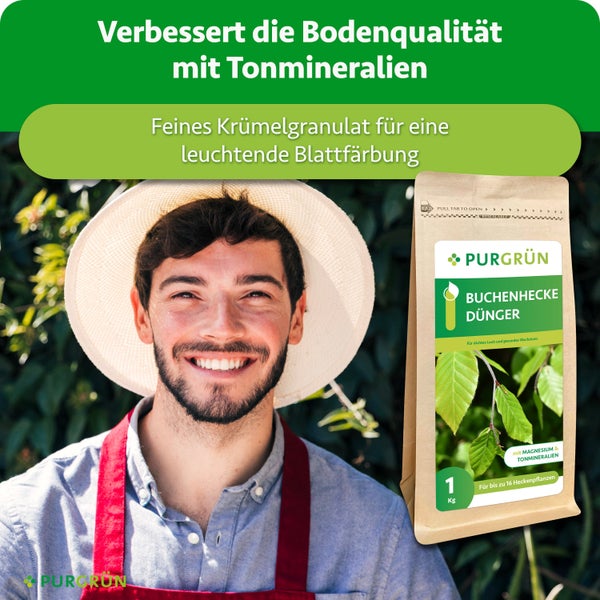 Ein Mann mit Hut und Schürze präsentiert den Purgrün Buchenhecken Dünger als Granulat für Bodenqualität und Blattfärbung.