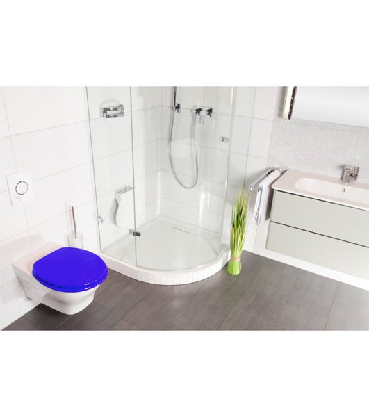 Modernes helles Badezimmer mit wandhängendem WC mit blauem Deckel, gläserner Eckdusche und Waschtisch mit Waschbecken.