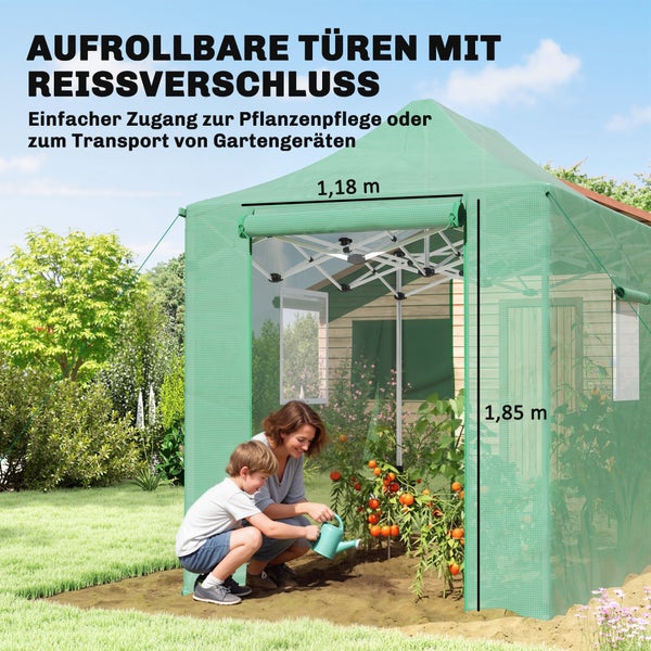 Gewächshaus mit aufrollbarer Reißverschlusstür, Breite 1,18 Meter, Höhe 1,85 Meter, Frau und Kind gießen Tomatenpflanzen im Garten.