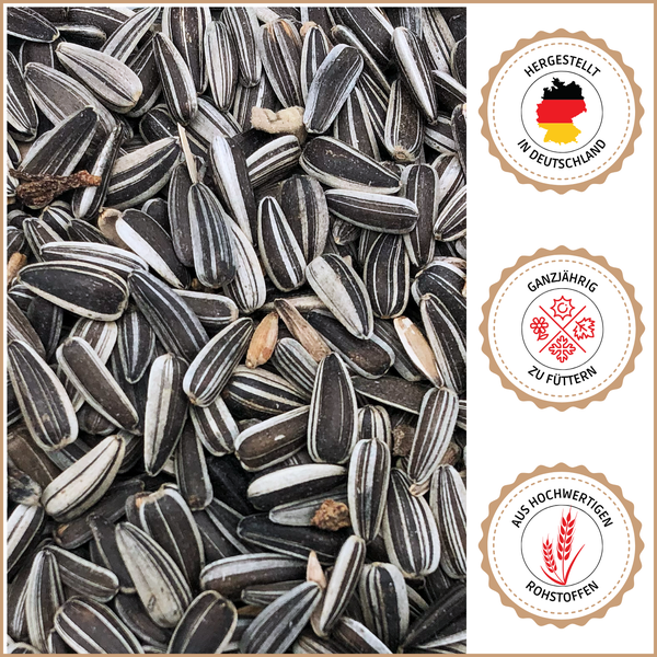 Gestreifte Sonnenblumenkerne für Wildvögel. Siegel für Herstellung in Deutschland, ganzjährige Fütterung und hochwertige Rohstoffe.