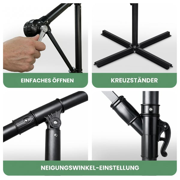 Detailansicht eines Sonnenschirms mit Kurbel zum Öffnen, Kreuzständer und Gelenken zur Einstellung des Neigungswinkels.