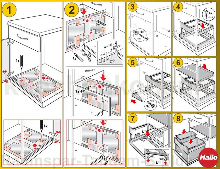 Montageanleitung für ein Hailo Abfalltrennsystem in einem Küchenschrank in 8 Schritten.