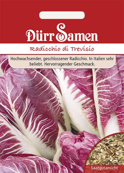 Samentüte für Radicchio di Trevisio, Dürr Samen Logo, Abbildung von Radicchioblättern und Detailansicht der Samen.