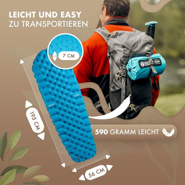 Naturbummler ® Camping Isomatte Outdoor 195 x 56 cm [Co2-Neutral] inkl. Tragetasche – in Sekunden aufgepumpt – Isomatte Camping Luftmatratze Camping Isomatte