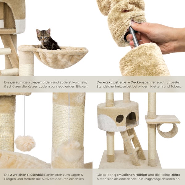 Detailansicht eines beigen Kratzbaums mit Liegemulden, Höhlen, Plüschbällen und einer kleinen Katze