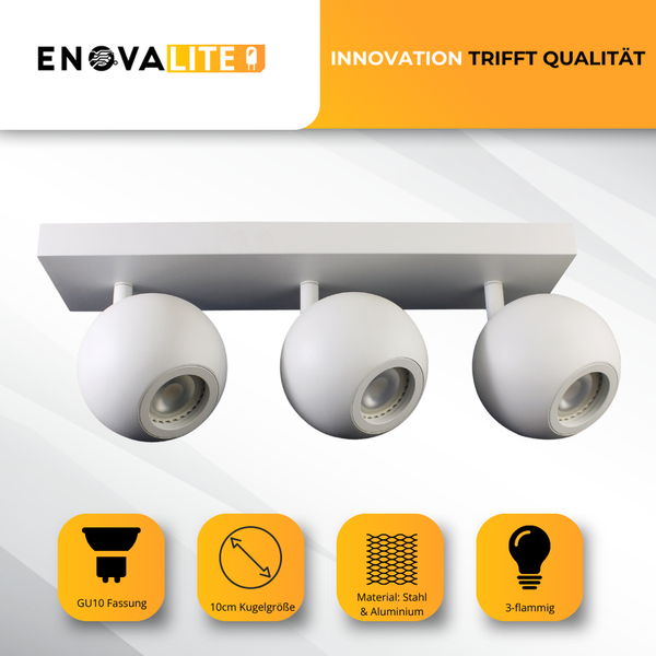 Enovalite Deckenleuchte mit drei Leuchten, GU10 Fassung, 10 cm Kugeldurchmesser, aus Stahl und Aluminium