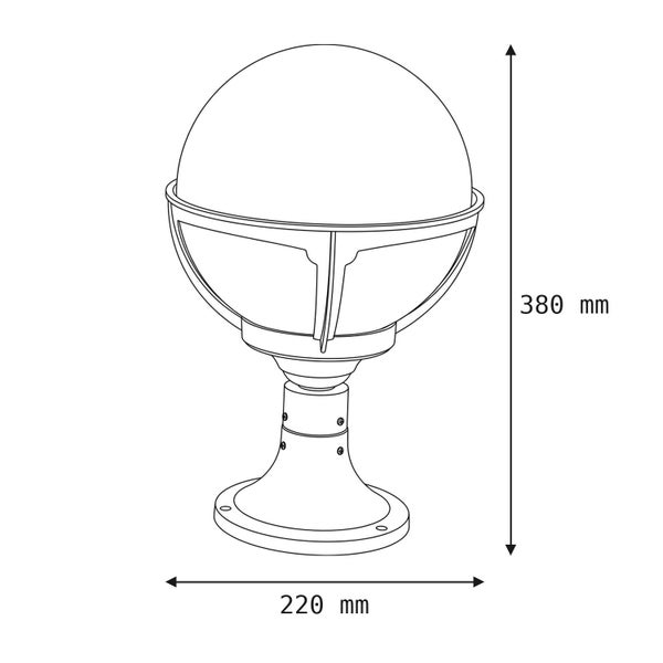 Technische Zeichnung einer Sockelleuchte mit Kugelschirm, Höhe 380 Millimeter und Breite 220 Millimeter.