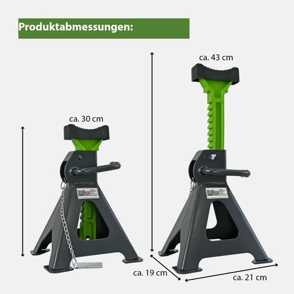 Zwei Unterstellböcke von Trutzholm mit Maßen für die minimale Höhe von circa 30 Zentimetern und maximale Höhe von circa 43 Zentimetern.