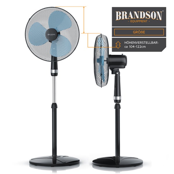 Brandson Standventilator mit 3 Geschwindigkeitsstufen, Standfuß höhenverstellbar, Ventilator mit hohem Luftdurchsatz, Oszillationsfunktion 80°