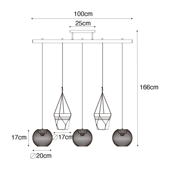 Skizze einer Pendelleuchte mit vier Leuchten und Maßangaben