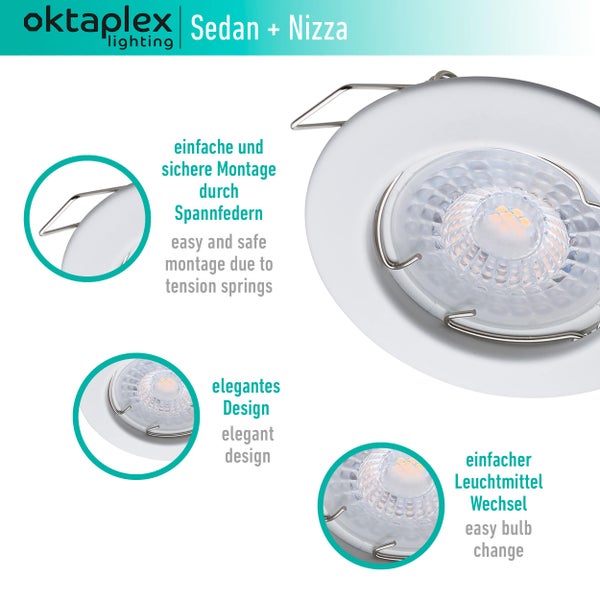 Oktaplex Lighting 6er Set LED Einbaustrahler Sedan - mit LED Modul 4,8W 4000K 230V 380lm Neutralweiß 110° - Spot Weiß Lochmaß 60mm