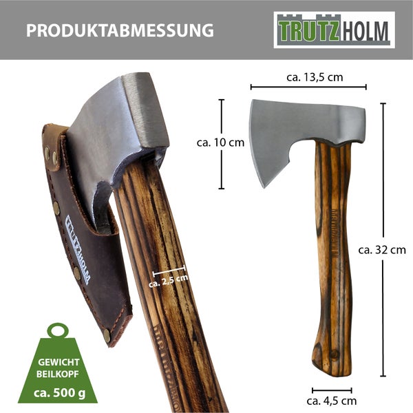 TrutzHolm Beil mit Holzstiel und Lederscheide mit Maßangaben und Kopf gewicht von 500 Gramm.