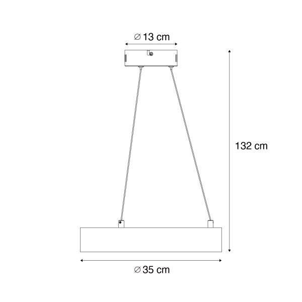 Zeichnung einer Pendelleuchte mit den Maßen 132 cm Höhe und 35 cm Durchmesser.