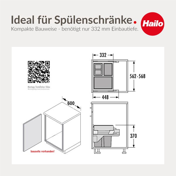 Hailo Logo. Einbaumaße für Abfallsammler in Spülenschränken: 448 Millimeter Breite, 332 Millimeter Tiefe und 370 Millimeter Höhe.