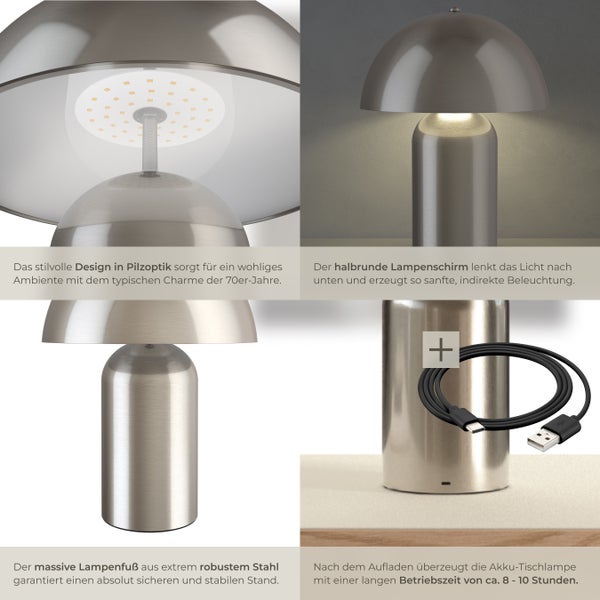 tectake Kade Kleine Retro-Tischlampe Kade, dimmbar  25 x 34 cm Nickel matt