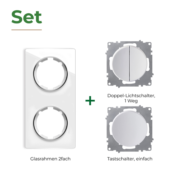 Set bestehend aus einem 2-fach Glasrahmen, einem Doppel-Lichtschalter für 1 Weg und einem einfachen Tastschalter zur Unterputz-Montage.
