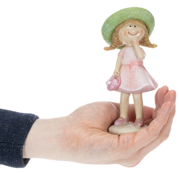 Dekorative Gartenfigur Mädchen mit Hut und Kleid in einer Hand zur Größenansicht.