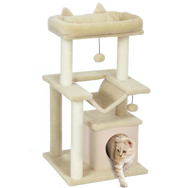 PawHut Katzenbaum 90 cm Kratzbaum mit Hängematte Spielbaum Katzenhöhle Plattformen Kletterbaum Katzenkratzbaum Aktivitätskratzbäum Plüsch Sisal Creme