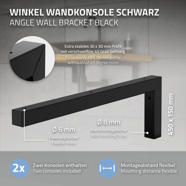ML-Design 2er Set Wandkonsole Winkel L-Form für Waschtisch, 450x150 mm Schwarz Stahl, Design Waschtischhalterung, Wandhalterung für Waschtischplatte Waschbecken, Konsolenträger Regalträger Regalhalter