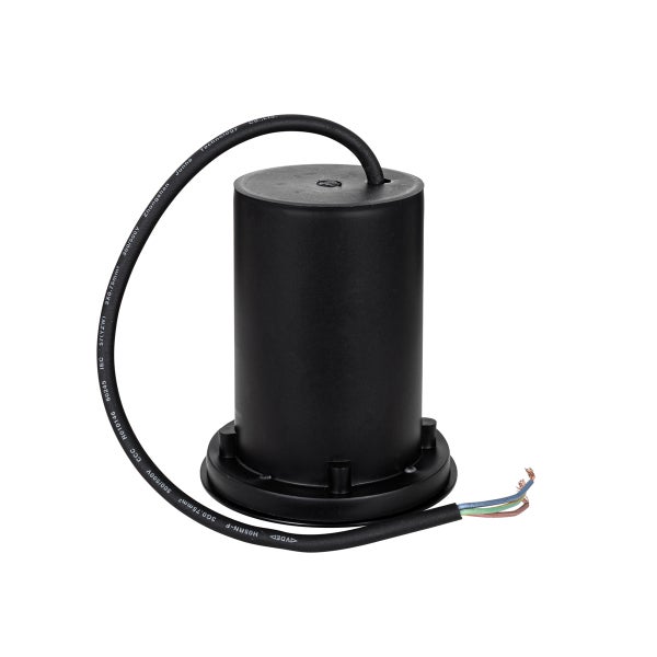 Schwarzes zylindrisches Gehäuse für Außenleuchten mit fest installiertem dreiadrigem Stromkabel.