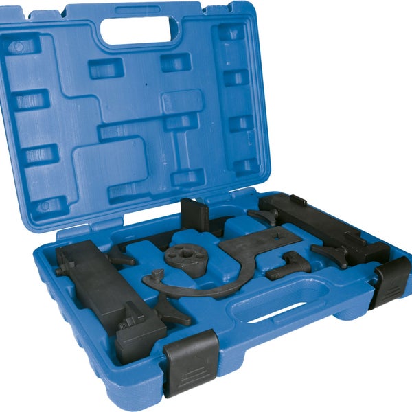 Nockenwellen Arretierwerkzeug Set in geöffnetem, blauem Koffer