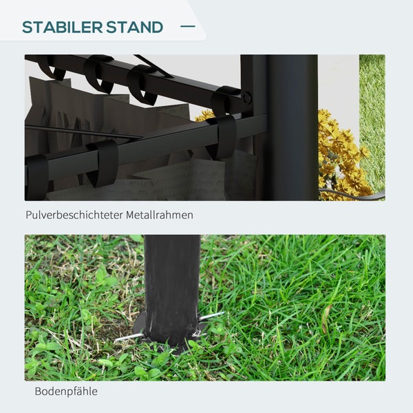 Detailansicht eines pulverbeschichteten Metallrahmens und Bodenpfähle für einen stabilen Stand