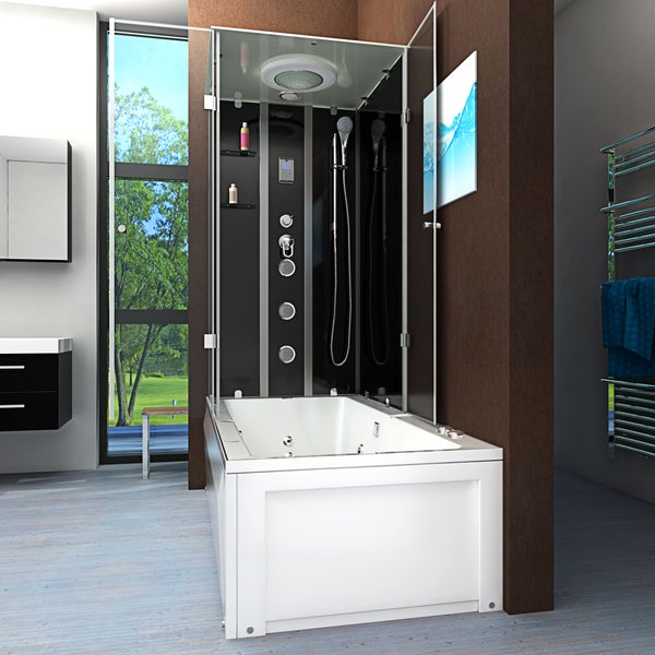Moderne Dampfdusche mit integrierter Badewanne, Glaswänden, Regenduschkopf, Handbrause und Massagedüsen in einem hellen Badezimmer.