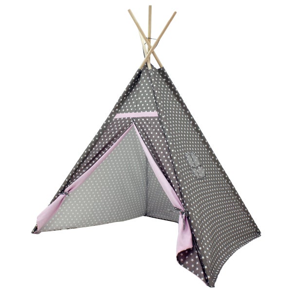 ECD Germany Tipi Spielzelt für Kinder 115x115x160 cm mit Fenster Grau mit Sternen Rosa Türblenden drinnen draußen Teepee Kinderzelt Babyzelt Indianer Zelt Indianerzelt Indianertipi Spielhaus Spielzeug