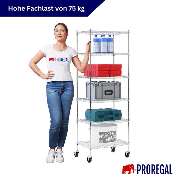 Drahtregal auf Rollen von Proregal mit fünf Ablagen, Belastbarkeit pro Boden 75 Kilogramm, Frau als Größenvergleich, Proregal Logo.