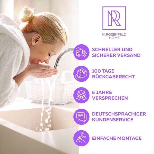 M. Rosenfeld Home Logo mit Informationen zu schnellem Versand, Rückgaberecht, Garantie, Kundenservice und einfacher Montage