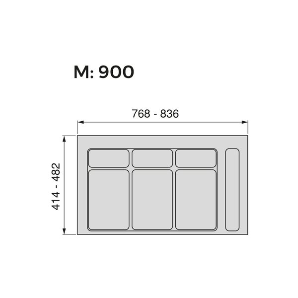 Maßzeichnung Besteckeinsatz, Breite 768 bis 836 Millimeter, Tiefe 414 bis 482 Millimeter, für Schrankbreite 900 Millimeter.