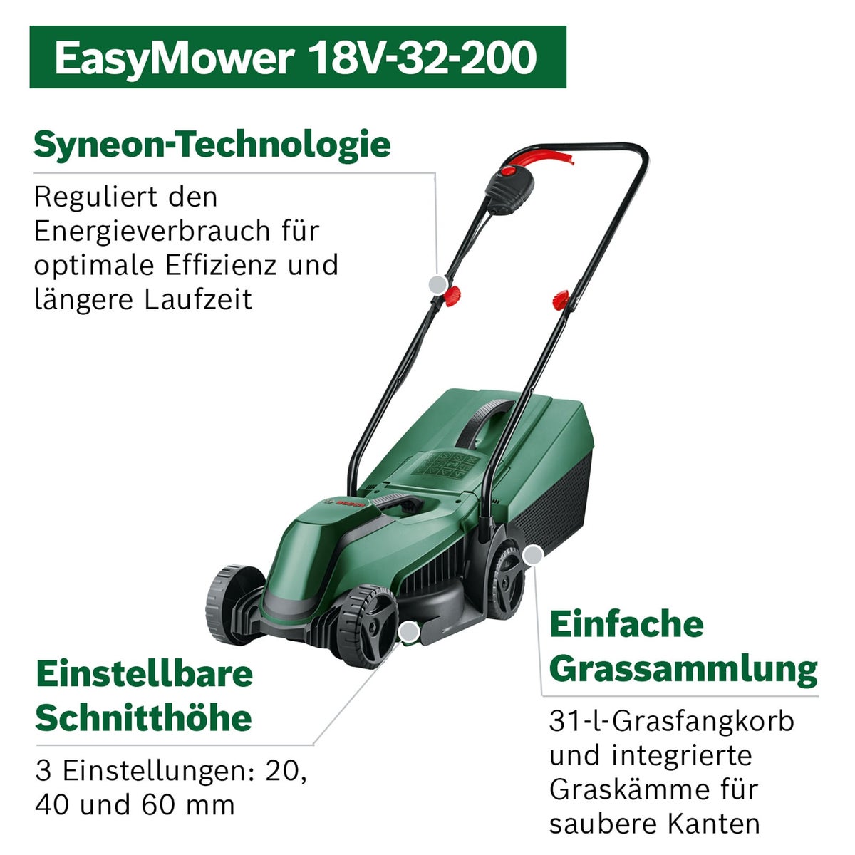 Bosch EasyMower 18V-32-150 Akku-Rasenmäher inklusive 3,0-Ah-Akku und Bosch EasyMower 18V-32-150 Akku-Rasenmäher inklusive 3,0-Ah-Akku und