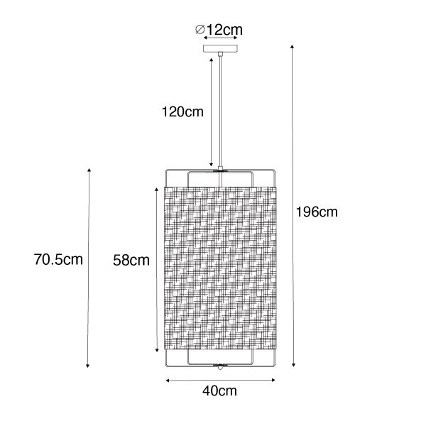 Maßzeichnung einer Pendelleuchte mit gewebtem Schirm, Höhe 196 Zentimeter, Durchmesser 40 Zentimeter, Kabellänge 120 Zentimeter.