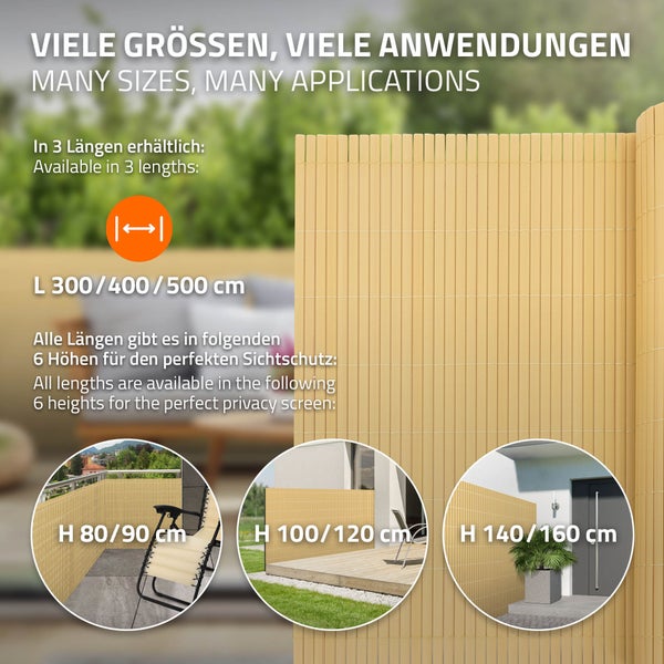 ECD Germany PVC Sichtschutzmatte 80x300 cm, Bambus, Sichtschutzzaun 3-Gewicht-Verstärkung, UV-beständig, Wasserdicht, Windschutz Balkonverkleidung Zaunblende Sichtschutz für Garten Balkon Terrasse