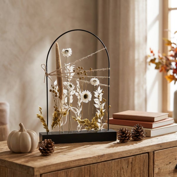 Dekorativer Metallbogen auf Holzsockel mit Trockenblumenarrangement, Kürbis und Zapfen als herbstliche Tischdekoration auf einer Kommode.