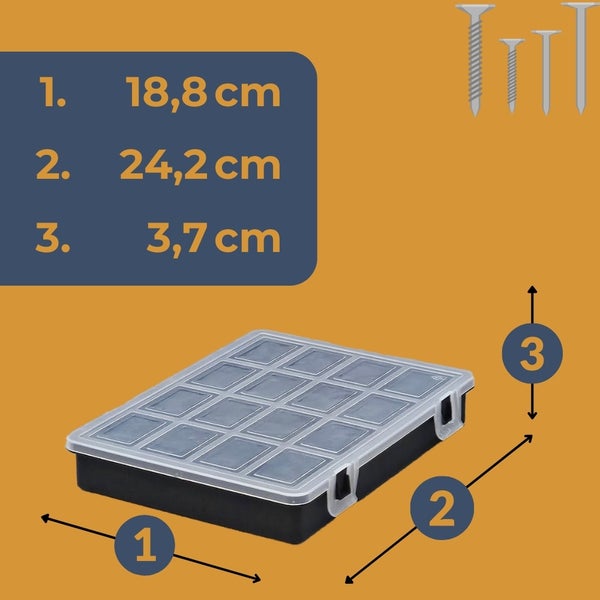 Abmessungen einer Sortierbox mit Deckel: 18,8 cm breit, 24,2 cm lang und 3,7 cm hoch.