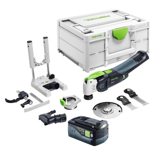 Festool VECTURO OSC 18 E-Basic Set Akku Oszillierer 18 V Starlock Max Brushless + 1x Akku 5,0 Ah + 7 tlg. Zubehör Set + Systainer - ohne Ladegerät
