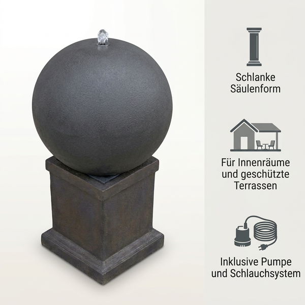 Kugelbrunnen auf quadratischem Sockel mit integrierter Pumpe für Innenbereiche und überdachte Terrassen
