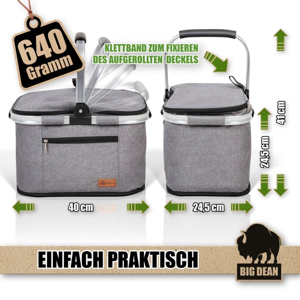 Graue Kühltasche mit Tragegriff, Klettband zum Fixieren des aufgerollten Deckels und den Maßen 40 x 24,5 x 41 cm