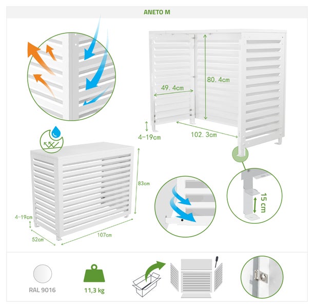 Abmessungen und Details einer Aneto M Klimaanlagenverkleidung