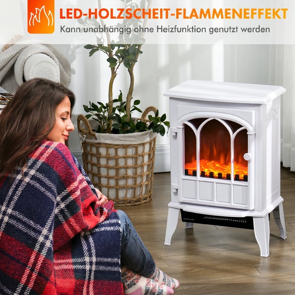 Eine Frau sitzt neben einem elektrischen Kamin mit LED Holzscheit Flammeneffekt der separat ohne Heizfunktion genutzt werden kann.