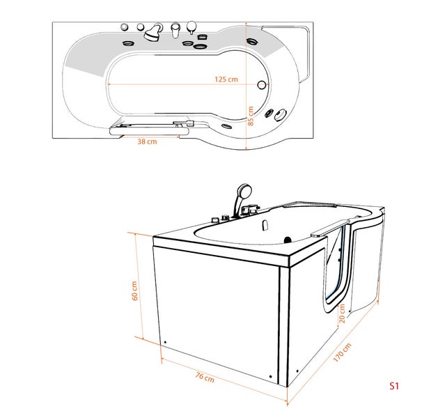 Senioren Wanne Sitzwanne mit Tür S12-AIR-L 170x85cm