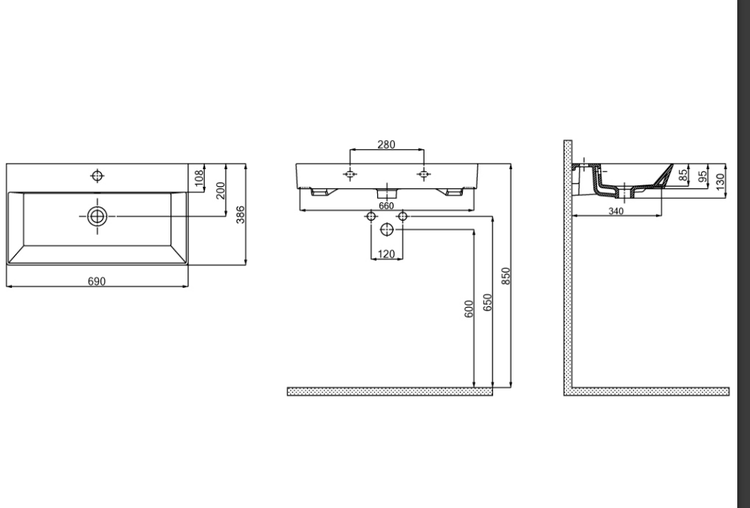 Zeichnung eines Waschbeckens mit Maßangaben