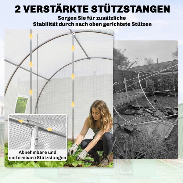 Gewächshaus mit zwei vertikalen verstärkten Stützstangen aus Metall für zusätzliche Stabilität des Rahmens.