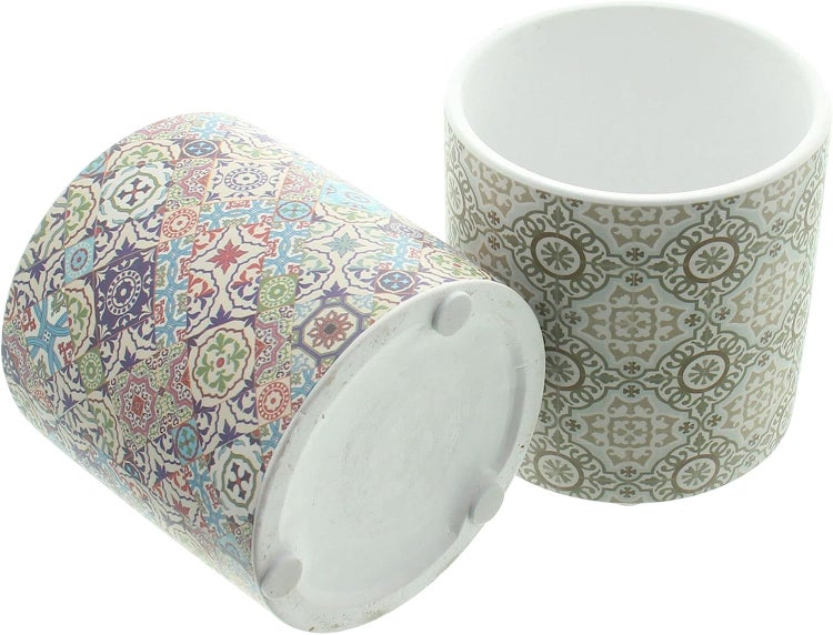 Dekoleidenschaft 2x Blumentopf Mosaik aus Terracotta bunt gemustert / weiß, Übertopf Set, Pflanztopf, Pflanzgefäß