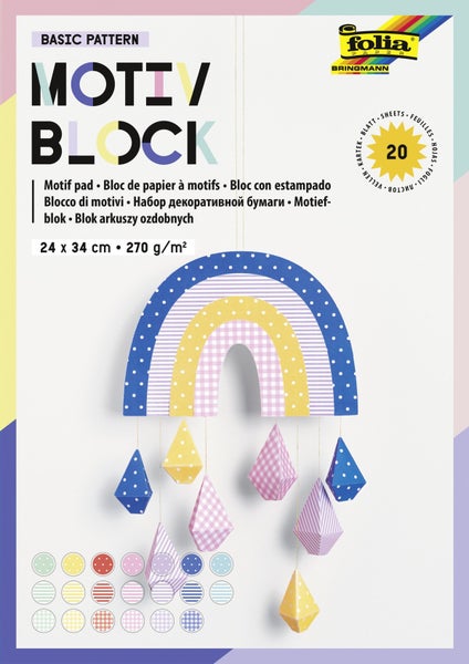 Folia Motivblock Basic Pattern, 24 mal 34 Zentimeter, 270 Gramm pro Quadratmeter, 20 Blatt, Folia Logo, Bringmann Logo.