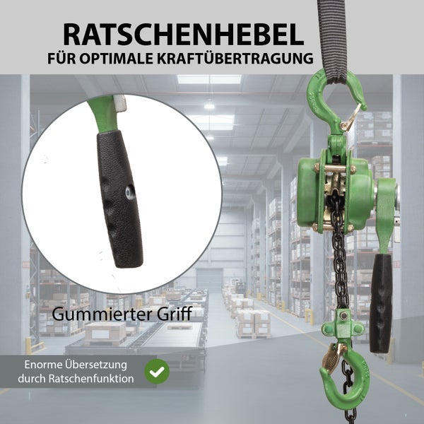 Ein Hebelzug mit Ratschenhebel und gummiertem Griff zur Lastenbewegung in einem Lager.