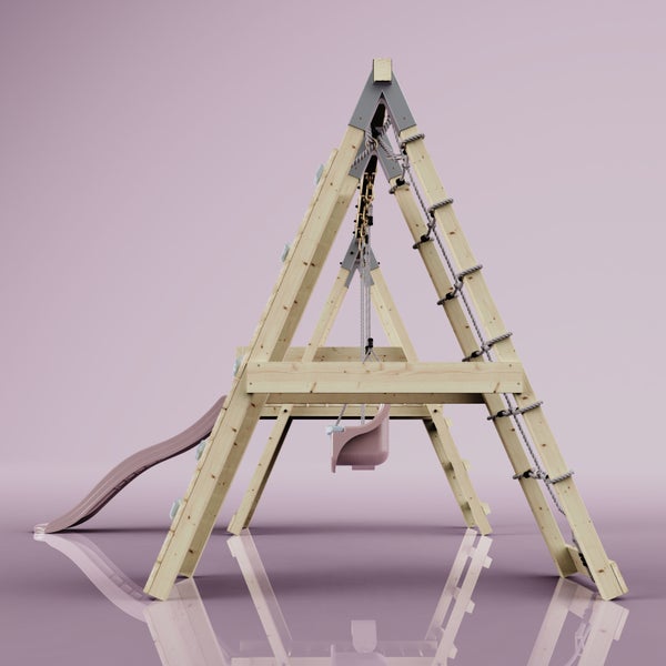 Holzspielturm mit rosa Rutsche, Schaukel, Babyschaukel, Kletterwand mit Griffen und Kletternetz.